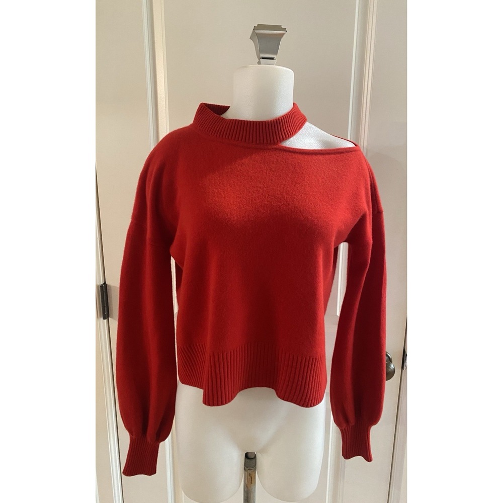 Akris Punto Red Wool Crewneck Sweater Mock Cutout Zip Ballon Sleeve- Size 4 / S